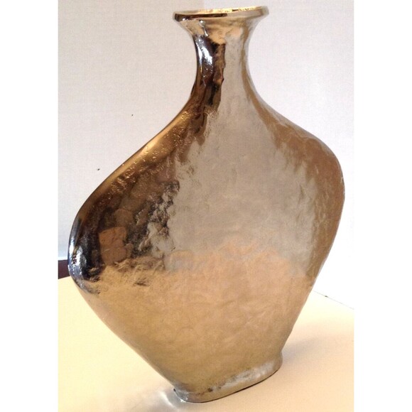Silver Tone Vase 15" Hand Hammered Tooled Platinum Metal Mid Century Decor India - Picture 2 of 10